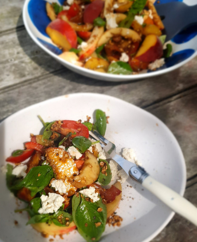 peach nectarine and tomato salad with coriander garlic dressing