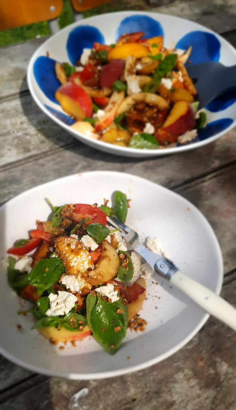 peach nectarine and tomato salad with coriander garlic dressing