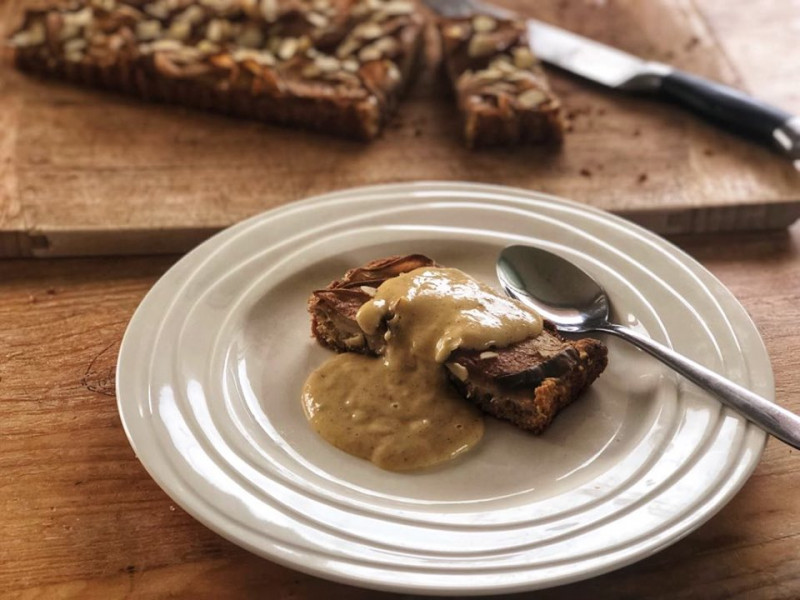 pear and almond slice with wildflower honey and cinnamon custard