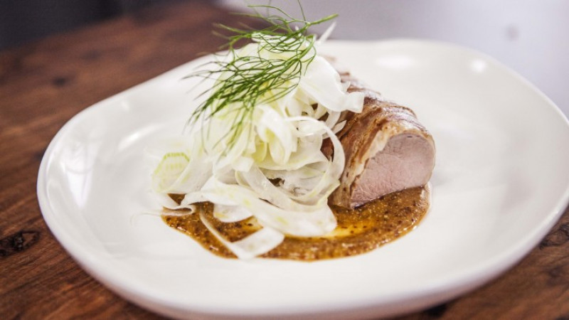 pork fillet with peach mustard sauce and fennel