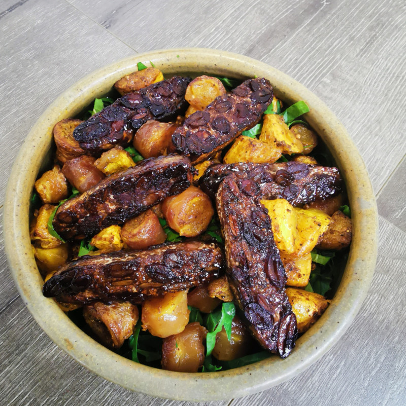 pumpkin yam and balsamic maple tempeh salad