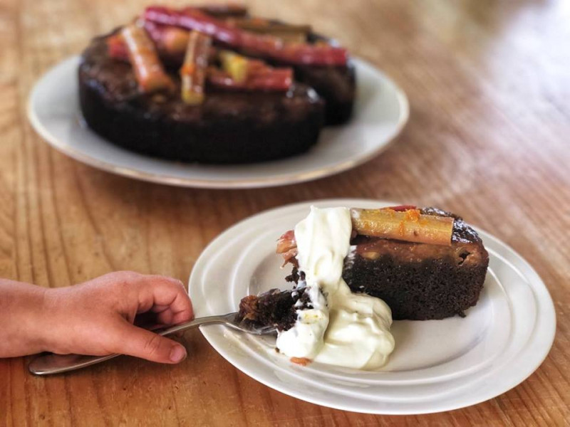 rhubarb and ginger beer cake served with roasted rhubarb and greek yoghurt