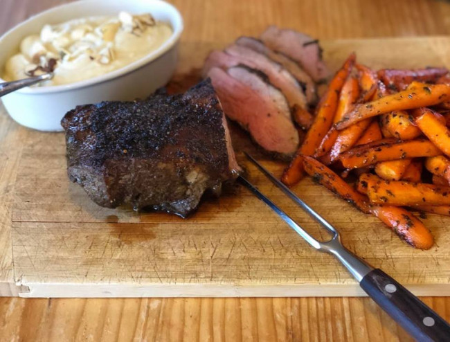 roast lamb with cauliflower puree and spicy carrots