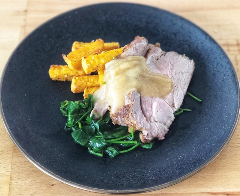 roast pork ribeye with smoked apple sauce and polenta chips