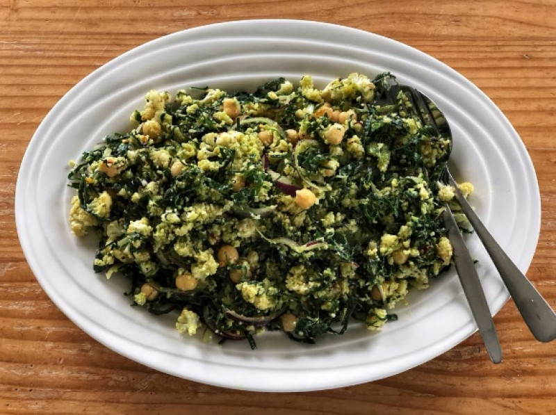 roasted cauliflower silverbeet and cous cous salad