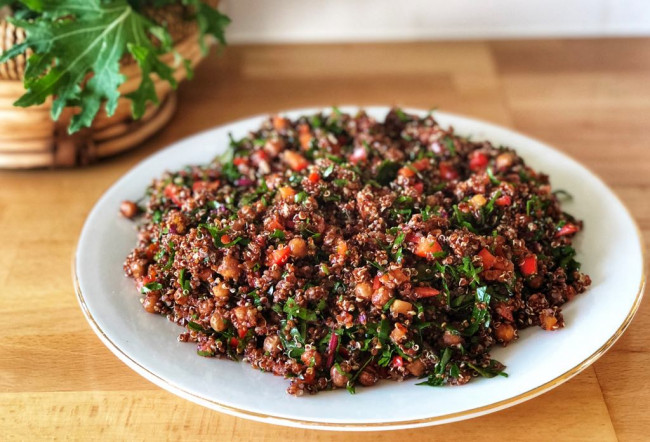 roasted chickpea chard and quinoa salad with sumace dressing