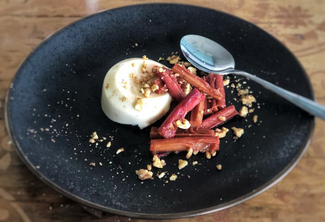 roasted orange and port rhubarb with honey panna cotta and walnut crumb