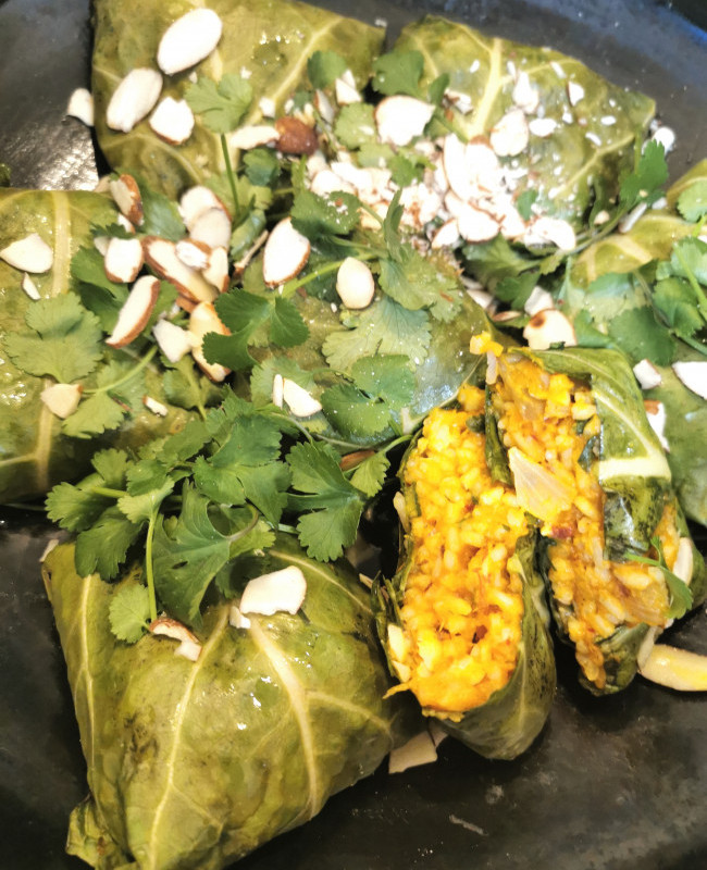 roasted pumpkin and garlic collard green parcels
