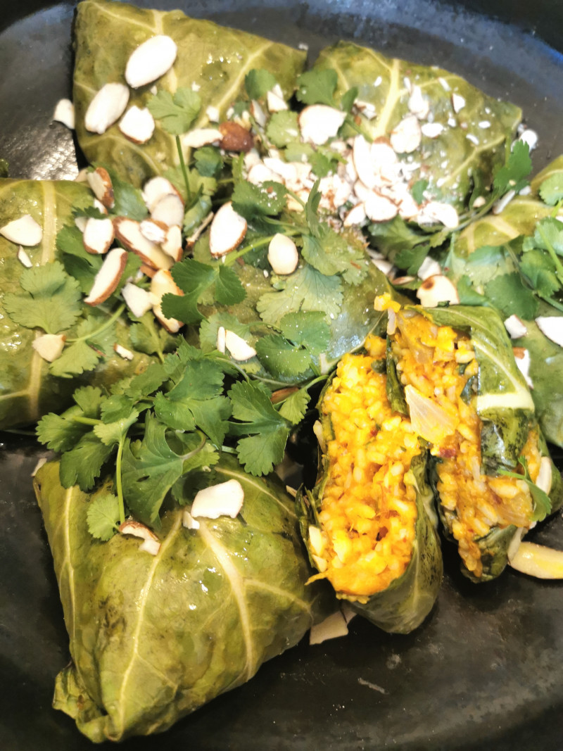 roasted pumpkin and garlic collard green parcels