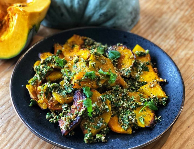 roasted pumpkin with coriander and chilli pesto