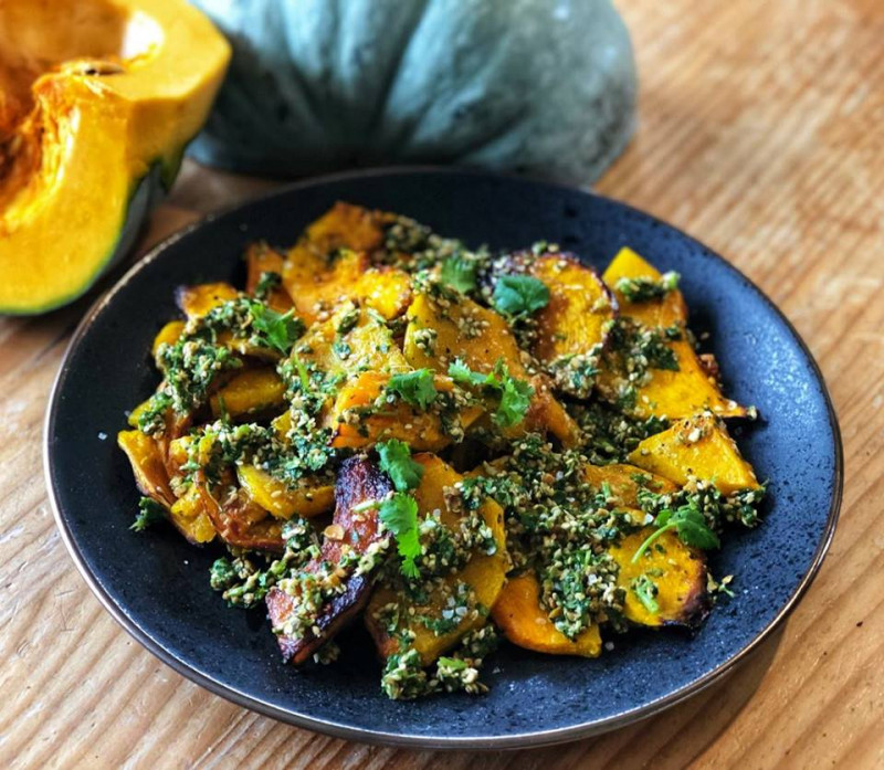 roasted pumpkin with coriander and chilli pesto