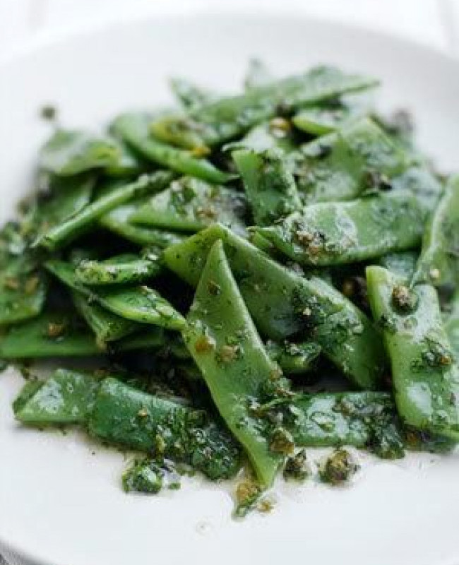 runner beans with a warm caper parsley and olive oil dressing