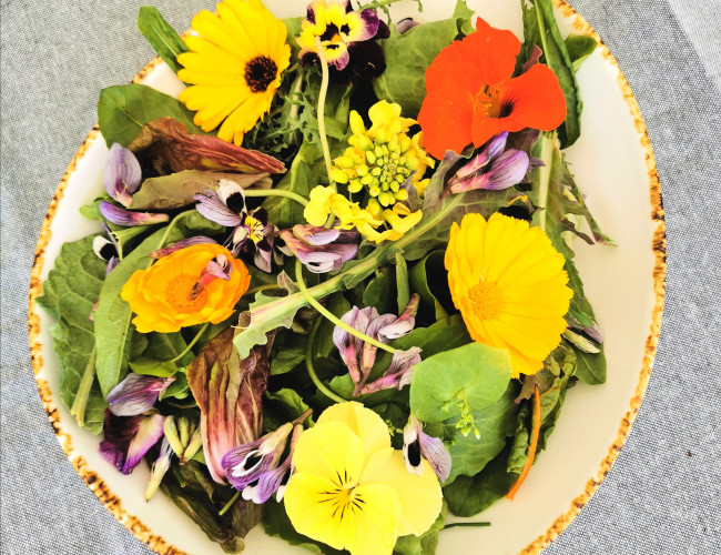 salad with edible flowers and vinaigrette