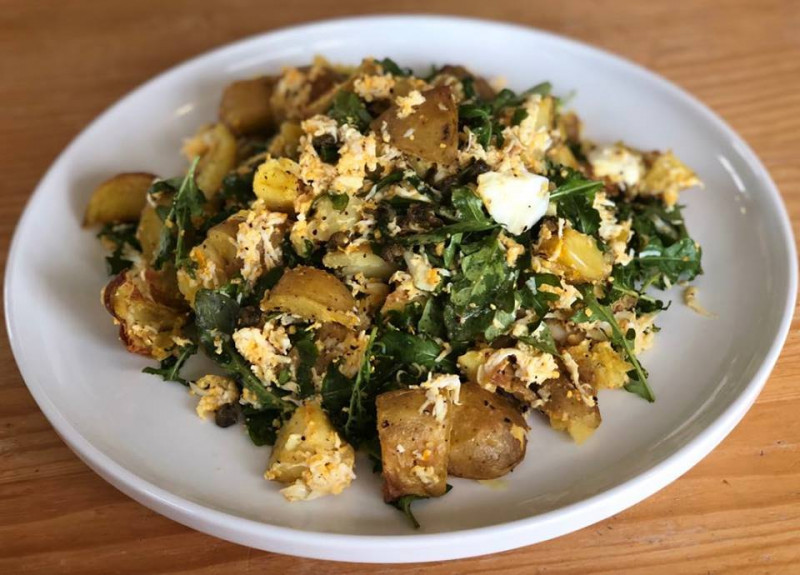 smash roasted potato salad wth rocket capers lemon dressing