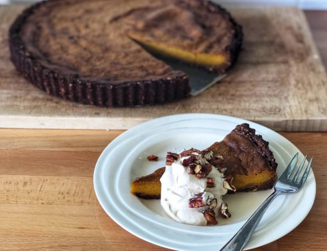 spiced pumpkin pie with cinnamon cream and glazed pecans