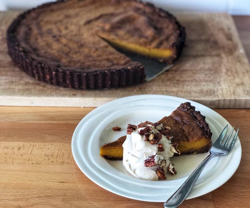 spiced pumpkin pie with cinnamon cream and glazed pecans