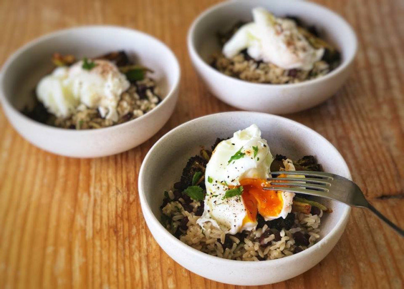 spicy roasted broccoli brown rice black beans with poached eggs