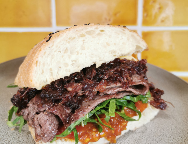 steak sandwich with caramalised red onion and kasundi