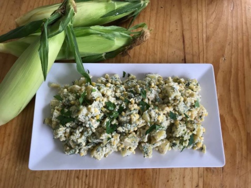 sweet corn and potato salad with creamy blue cheese dressing