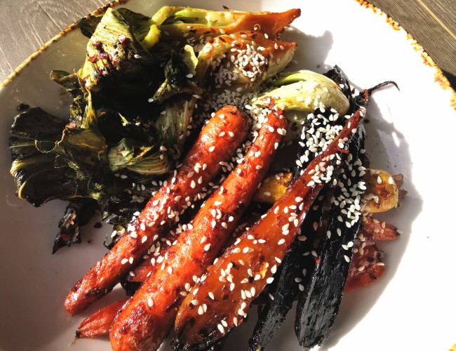 tamari and ginger roasted coloured carrots and pak choy