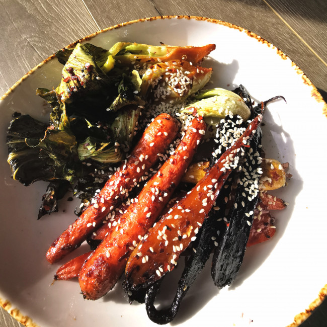 tamari and ginger roasted coloured carrots and pak choy