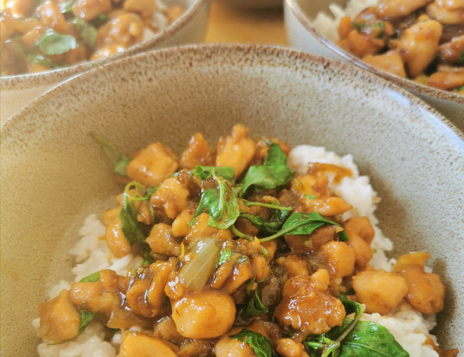 thai basil chicken and coconut rice with bok choy