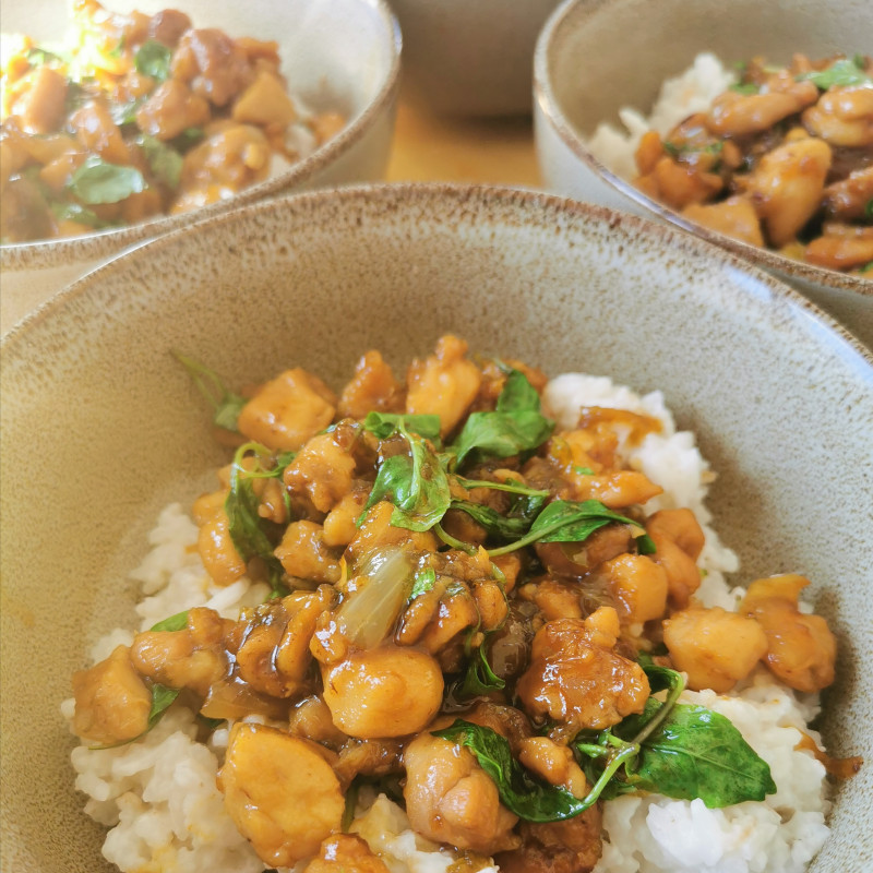 thai basil chicken and coconut rice with bok choy