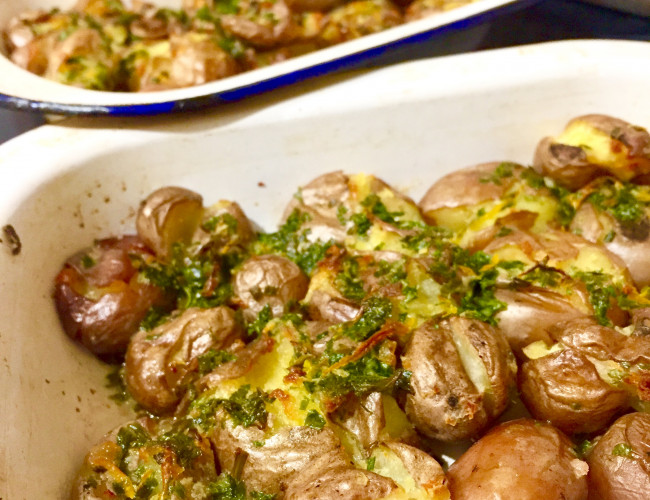 twice cooked baby potatoes with caper lemon and herb butter