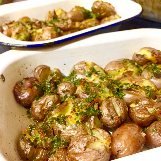 twice cooked baby potatoes with caper lemon and herb butter