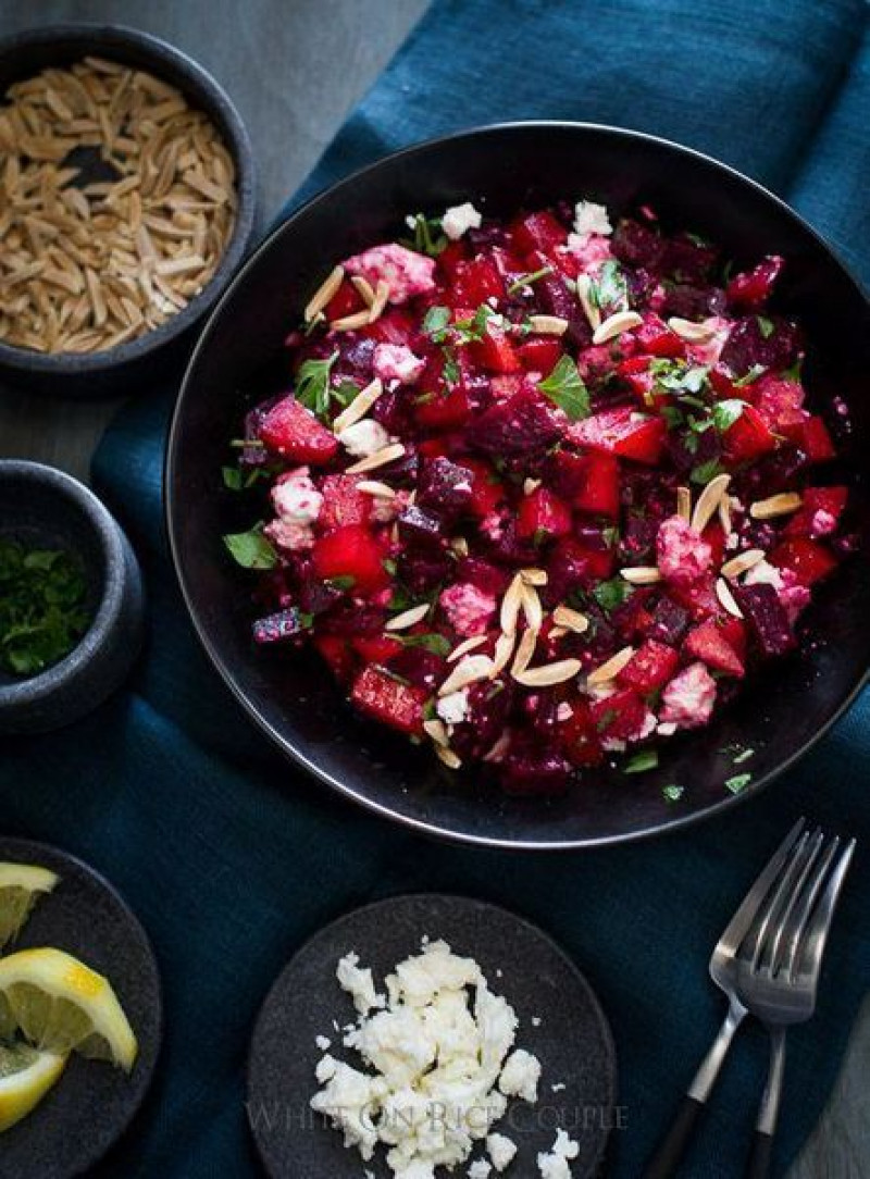 warm beet and red onion salad with toasted nuts and cheese curd