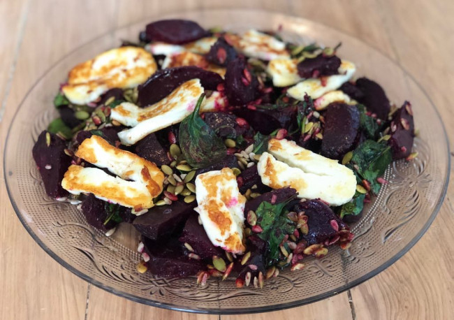 warm beetroot haloumi and toasted seed salad