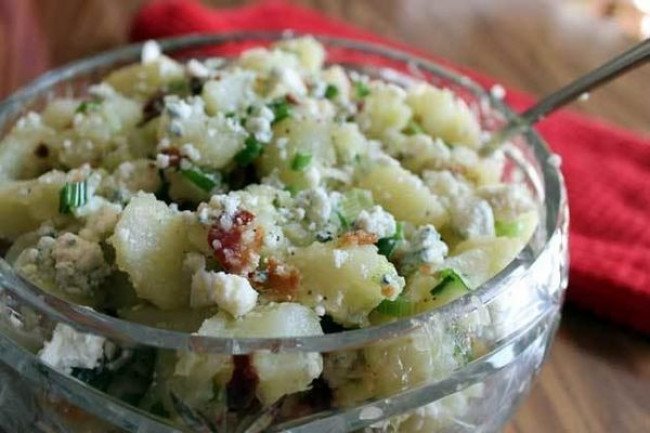 warm roast potato smash with blue cheese and herbs