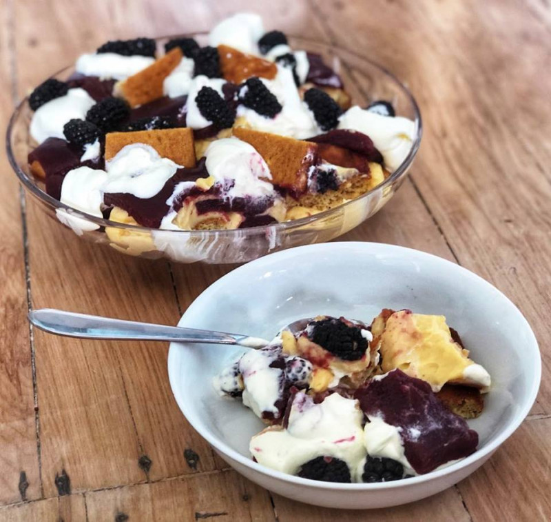 white nectarine and boysenberry trifle