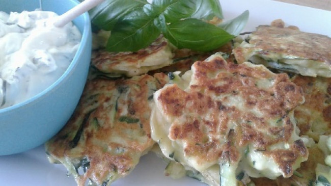 zucchini fritters with lemon and basil labneh